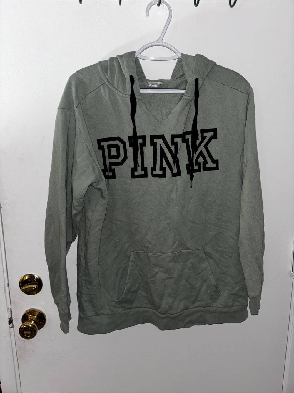 PINK Victoria's Secret Men's Crewneck Hoodie in Sage Green with Black Logo